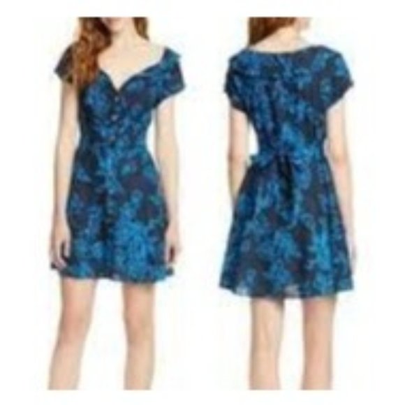 Free People Blue Floral Button-up Linen Mini Dress, Sz 0 - Picture 1 of 10